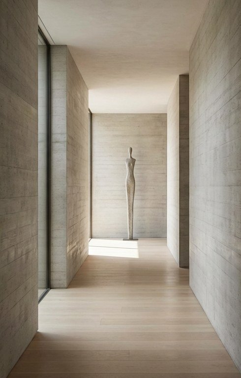 Couloir minimaliste en béton et bois clair